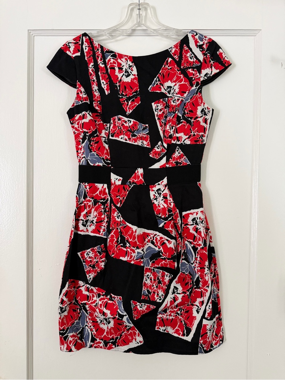 French Connection Floral Geo Fit-and-Flare Dress in Red & Black - Size 2